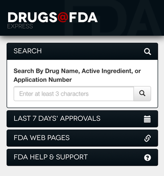 The Drugs@FDA Express mobile application main page.